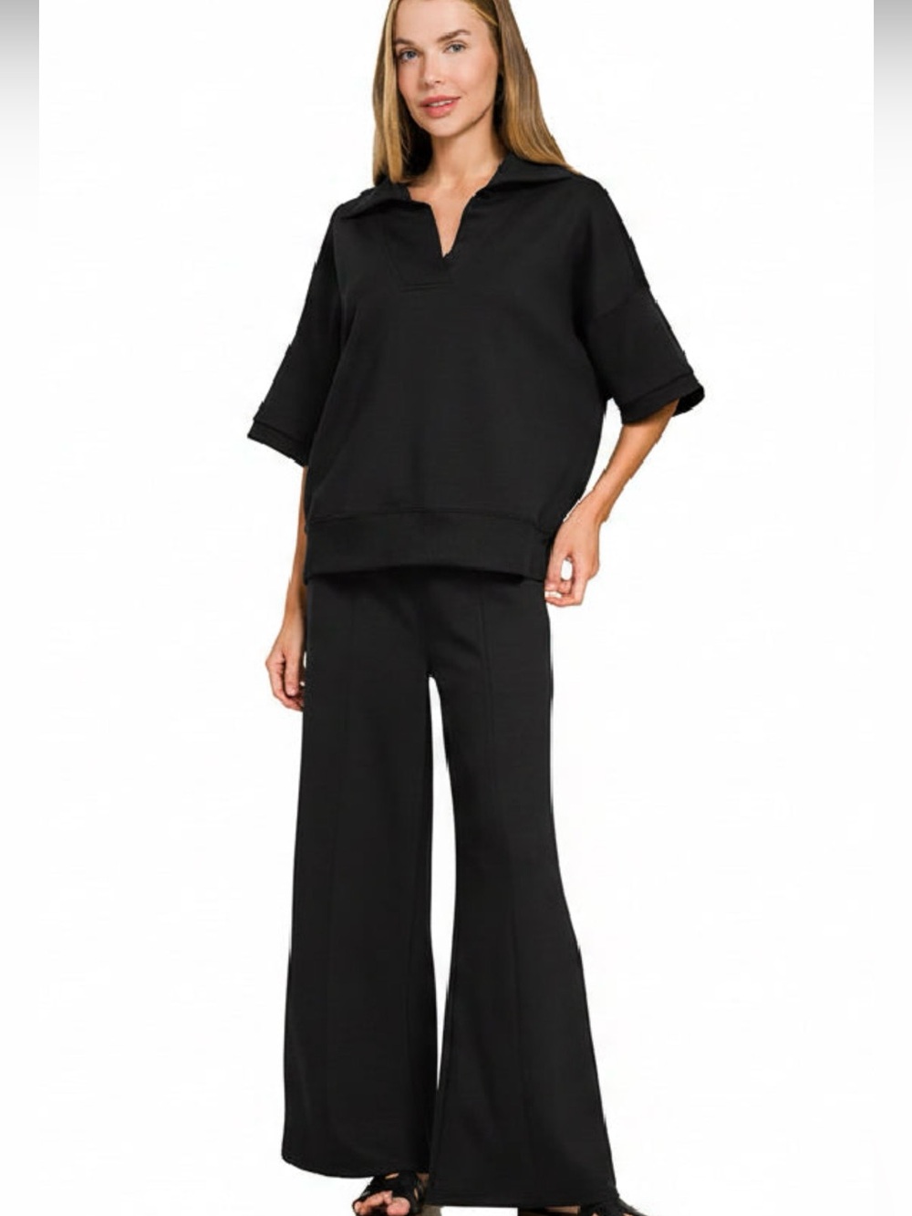 Black Wide-Leg Scuba Lounge Set